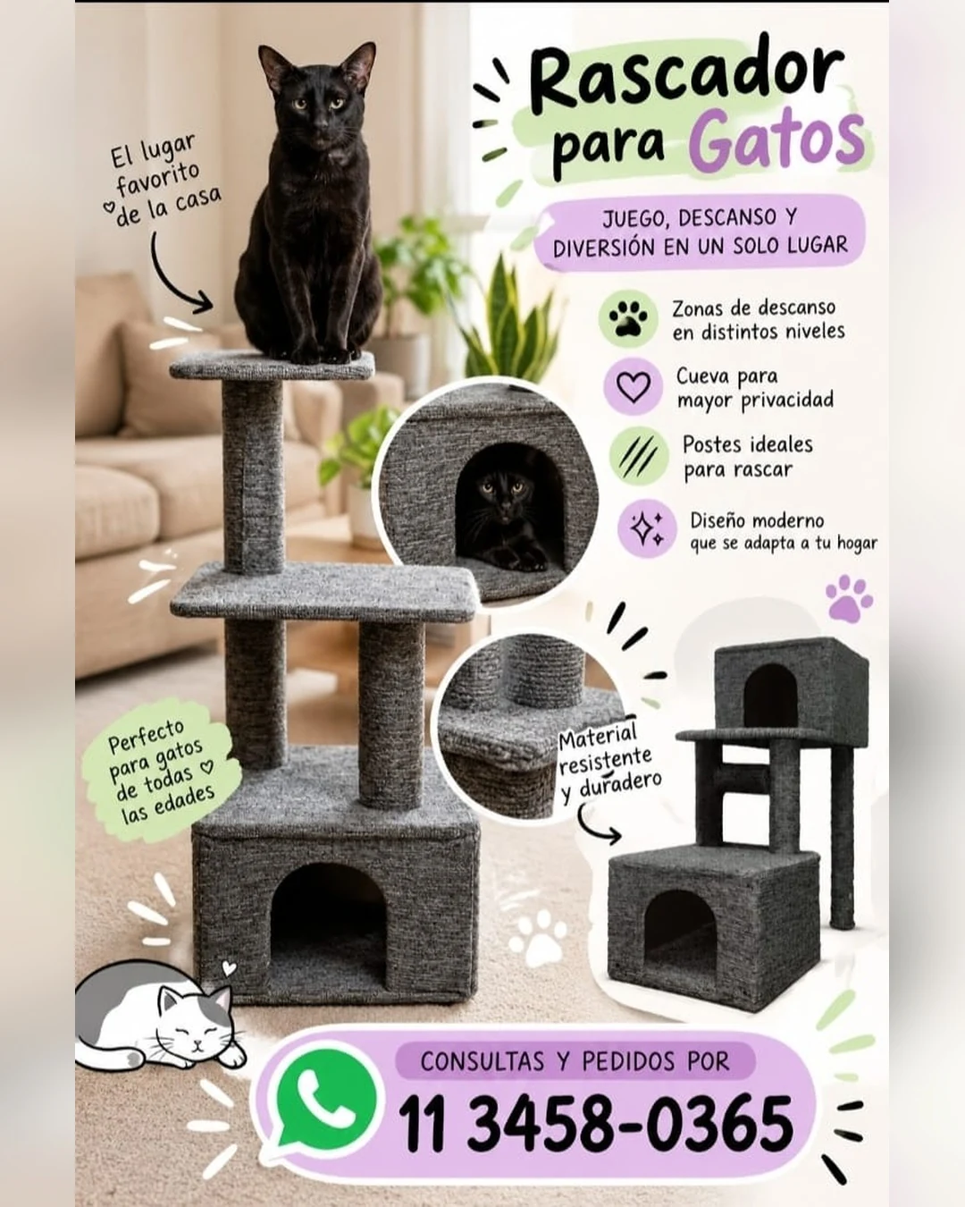 Rascador para gatos gris de varios niveles, con cuevas y postes para rascar, y un gato negro sentado arriba. Consultas y pedidos por WhatsApp al 11 3458-0365.